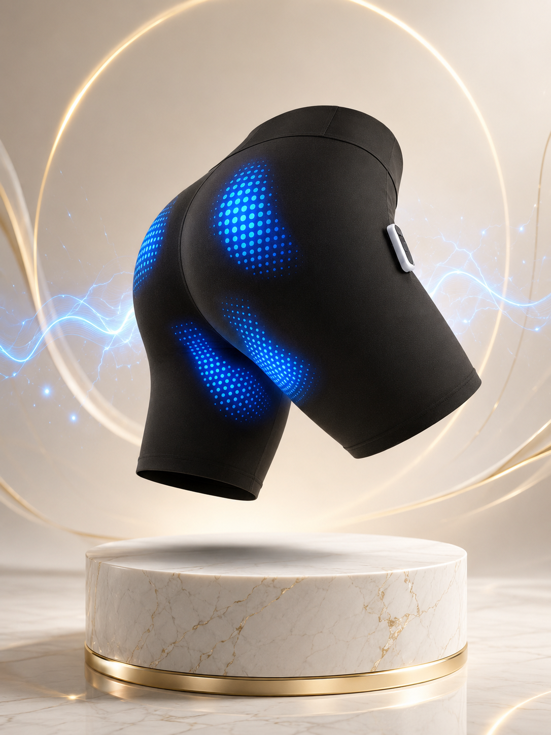 SculptWave EMS shorts floating with electric energy waves